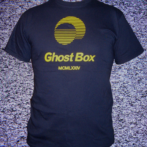 View full size Ghost Box Heavyweight cotton T-shirt. Yellow on navy